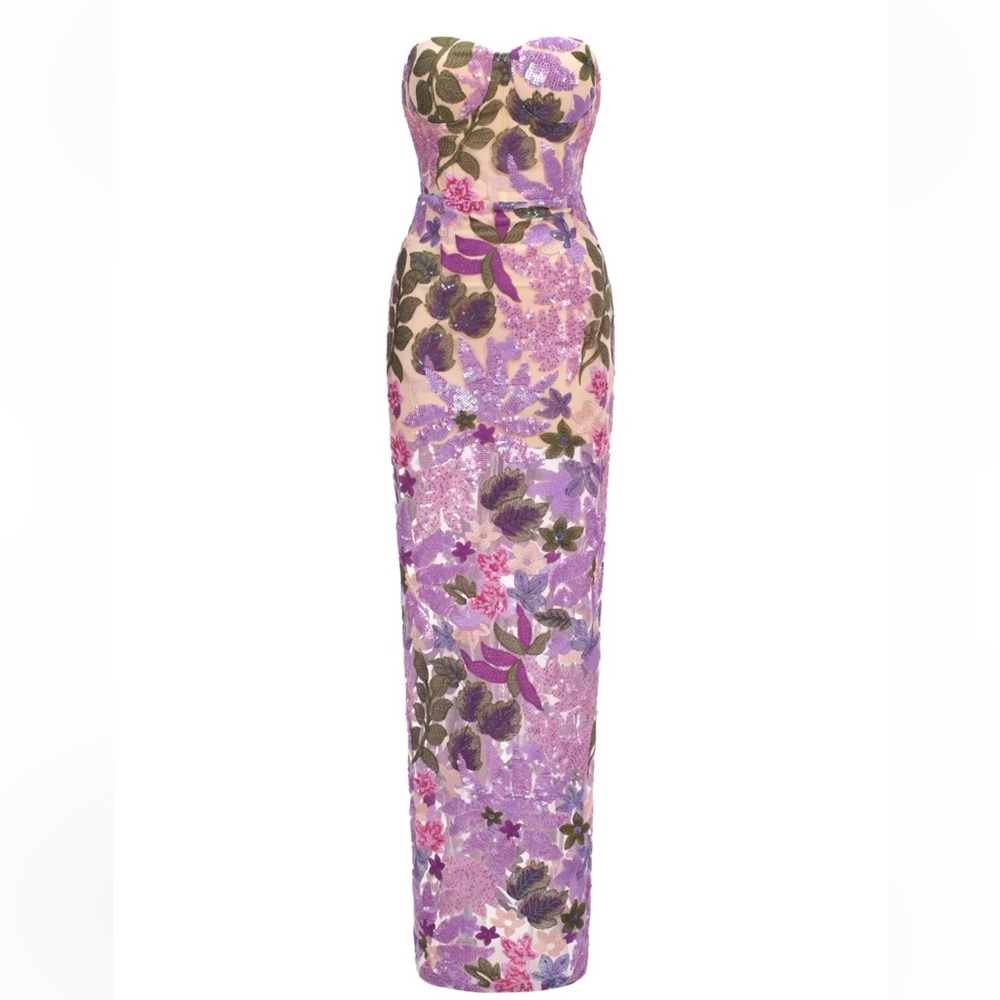 Bella Barnett Eugenia Flowers Sequins Strapless Mesh Dress Purple Size Small NWT - Picture 2 of 14